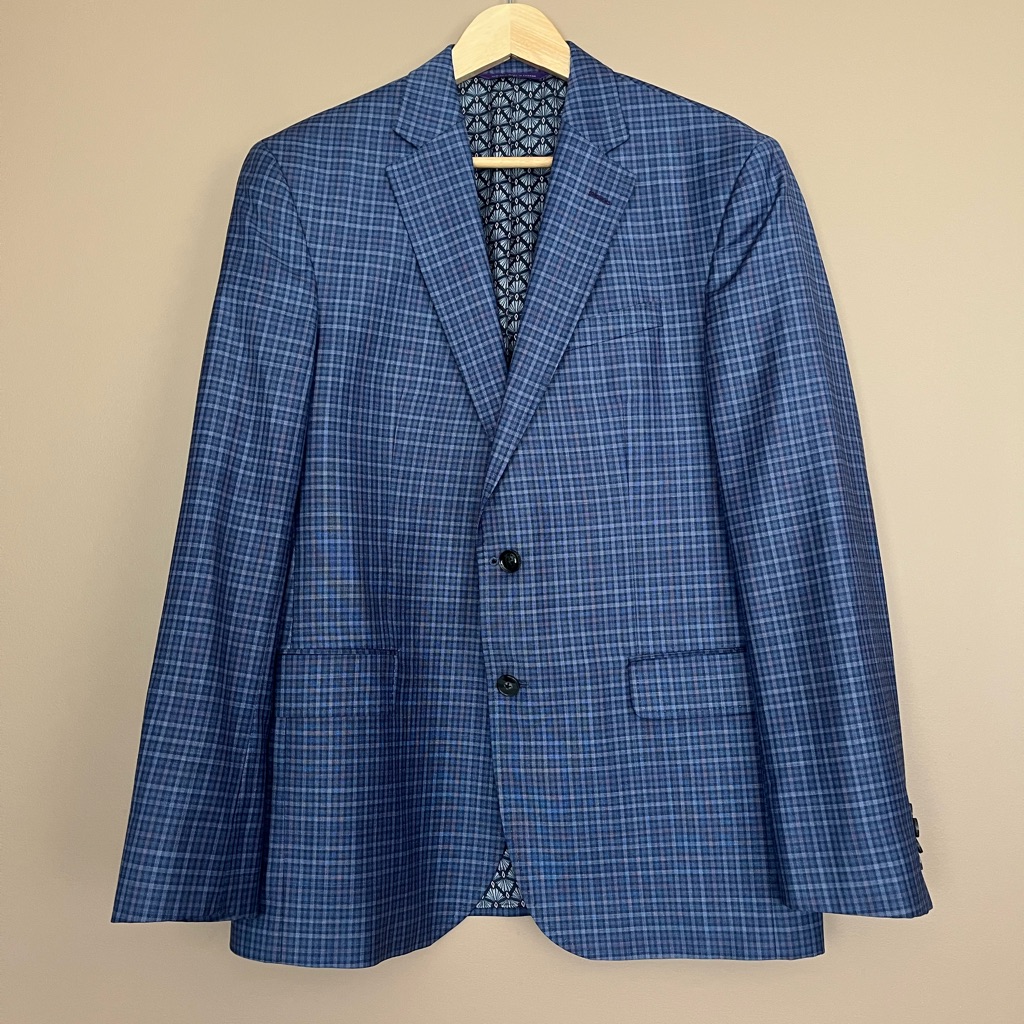 {Ted Baker} Single Breasted Jay Wool Suit Jacket In Blue Check Plaid - Mens 42r